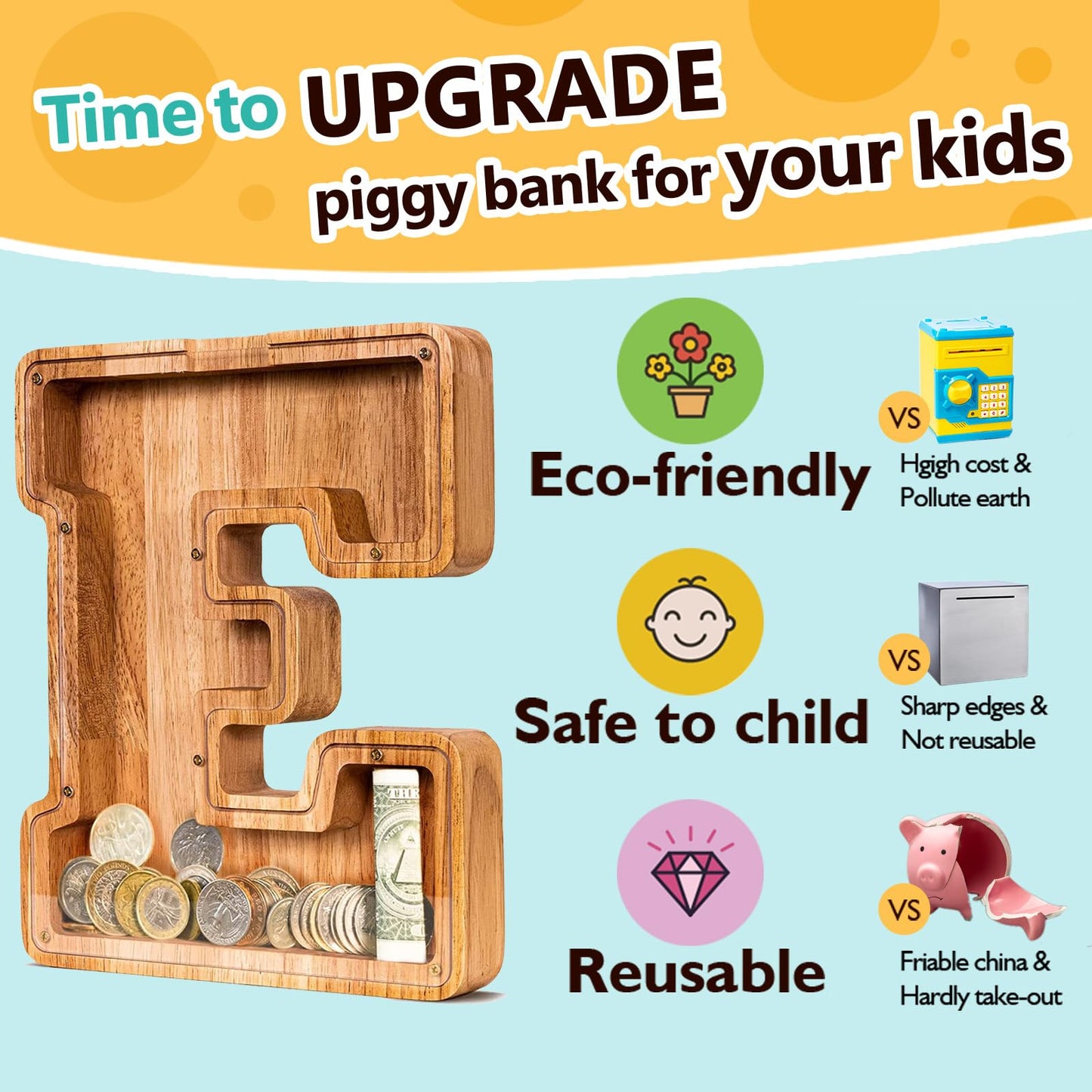 Summidate Wooden Letter Piggy Bank For Kids| Piggy Bank For Boys Girls Toddler| Alphabet A Money Bank| Wood Coin Bank Personalized Birthday Gift For Kids (E)