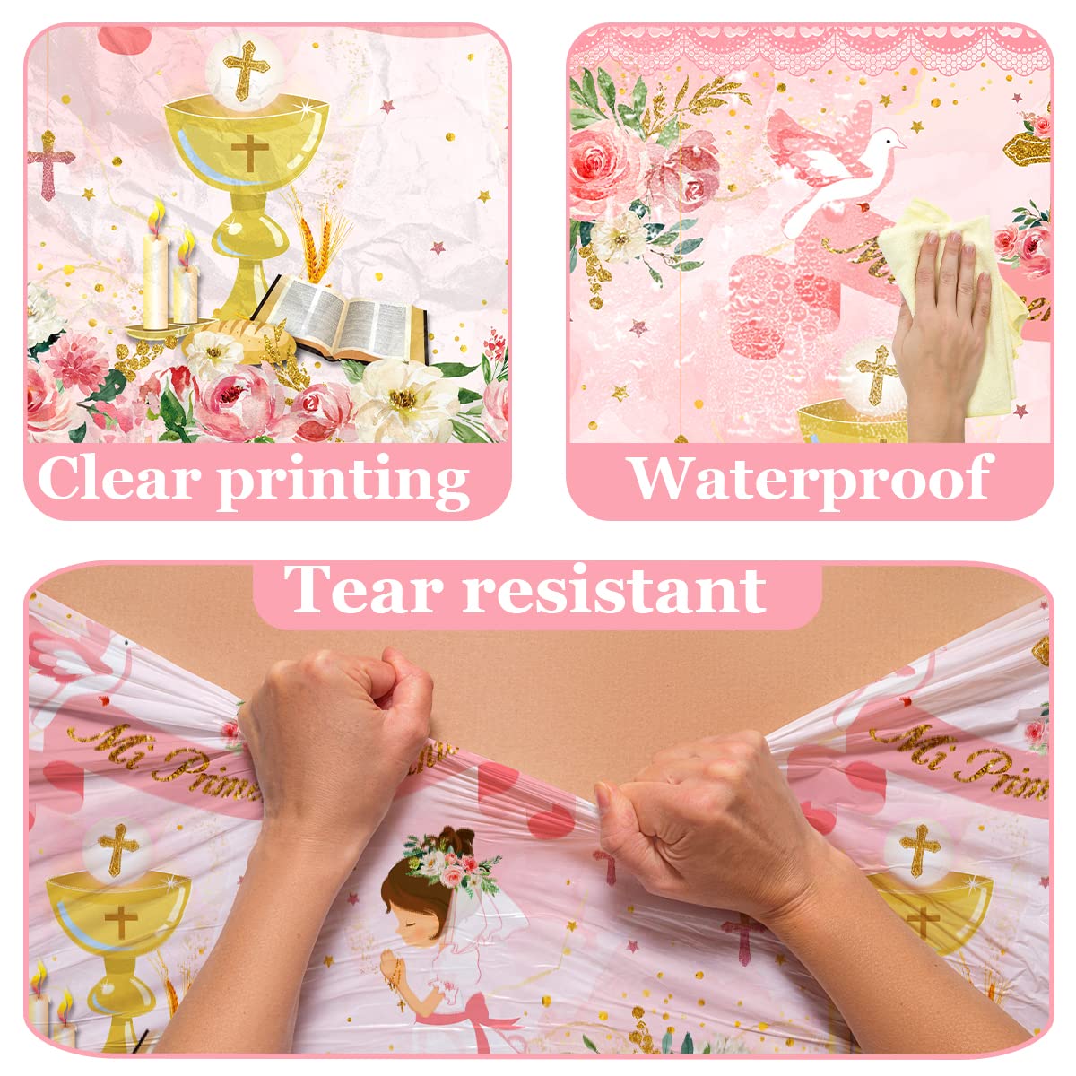 Gupesxu First Communion Decorations-3Pcs Pink Mi Primera Comunion Tablecloth Baptism Table Covers For Girl Newborn Baby Shower T