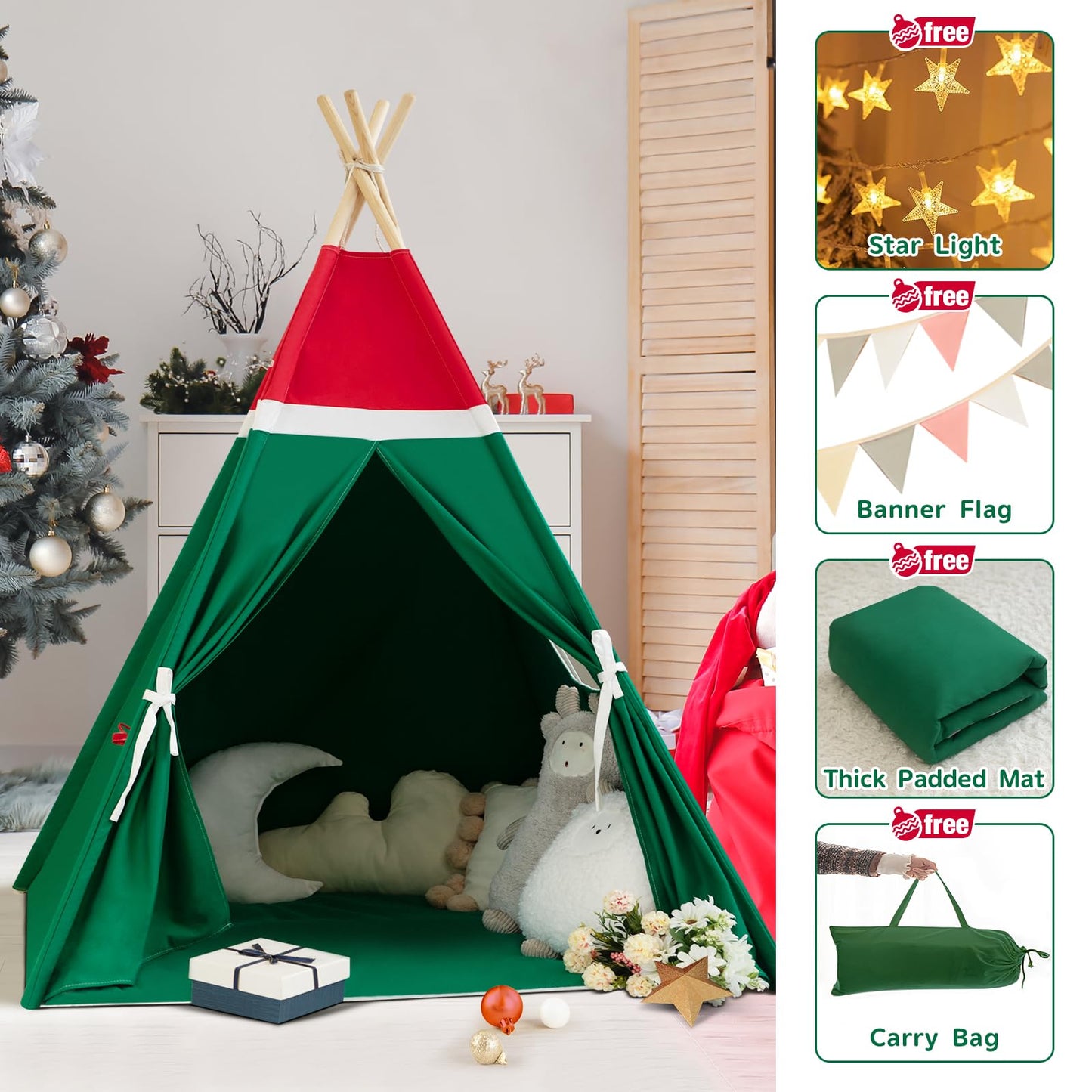 Wirhao Christmas Tent For Kids With Padded Mat Cotton Canvas Teepee Tent Indoor For Toddlers Kids Play Tent For Girls Boys With