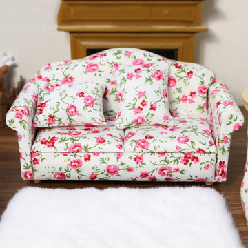 Dollhouse Couch Miniature Sofa With Pillows Dollhouse Living Room Funiture 1:12 Scale Model 3 Pcs High Simulation Upholstered Wo