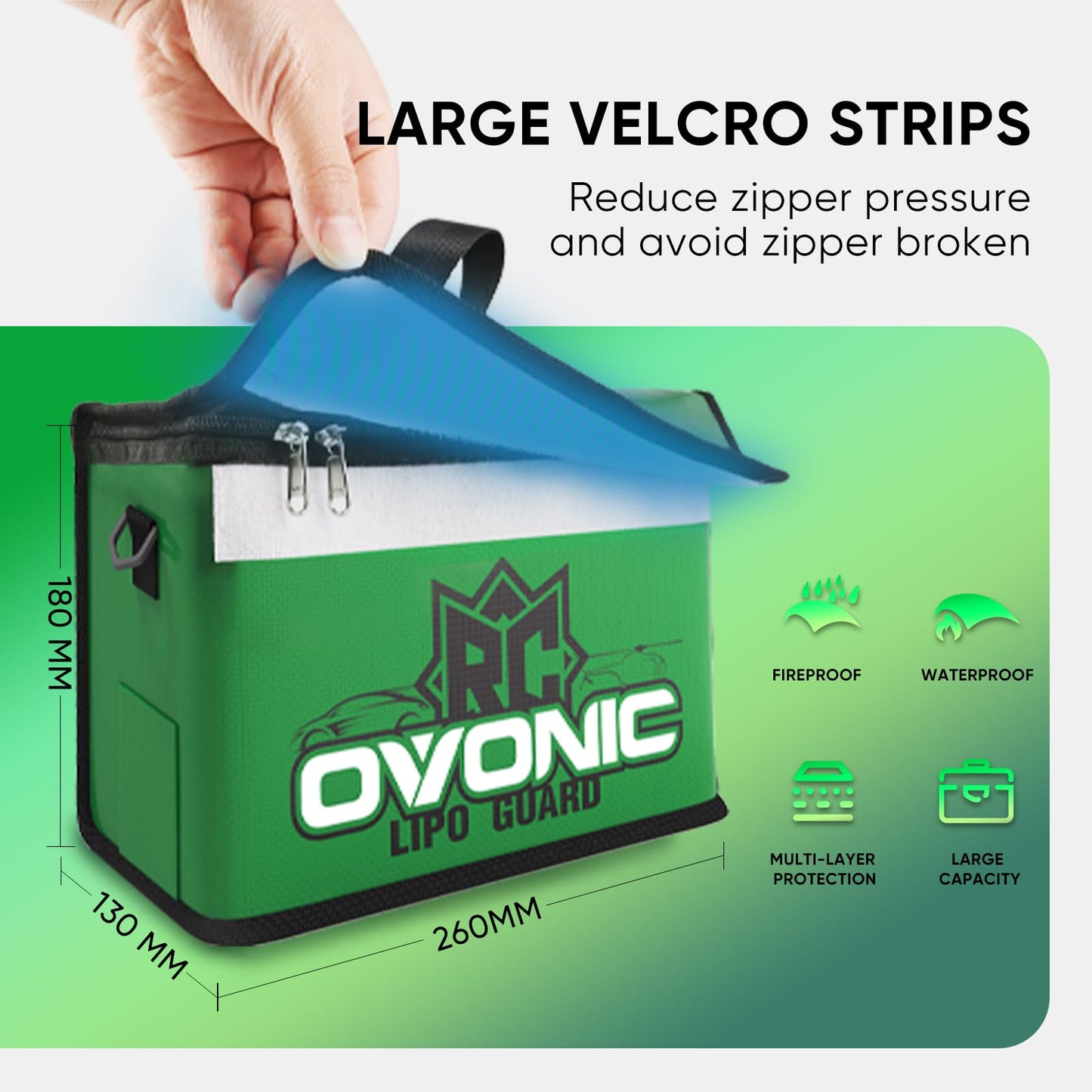 OVONIC Fireproof Lipo Safe Bag - Large Capacity Battery Storage Pouch (260x130x180mm, 251g) - Green, Explosionproof Guard for Charging & Storage