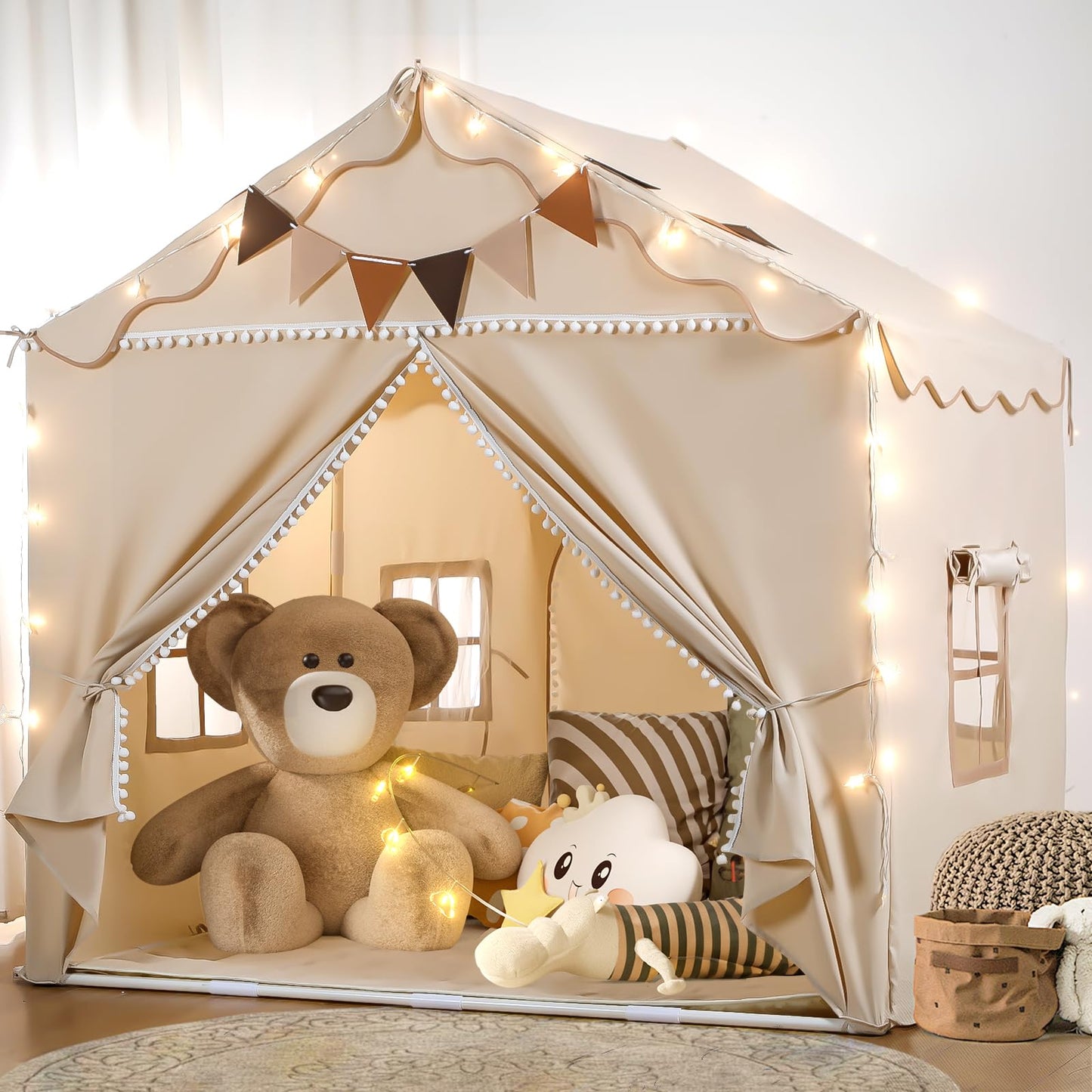 Eagelestone Kids Play Tent, 2 In 1 Toddler Tent With Padded Mat And Light, Large Playhouse For Kids Indoor & Outdoor, 2 Doors An