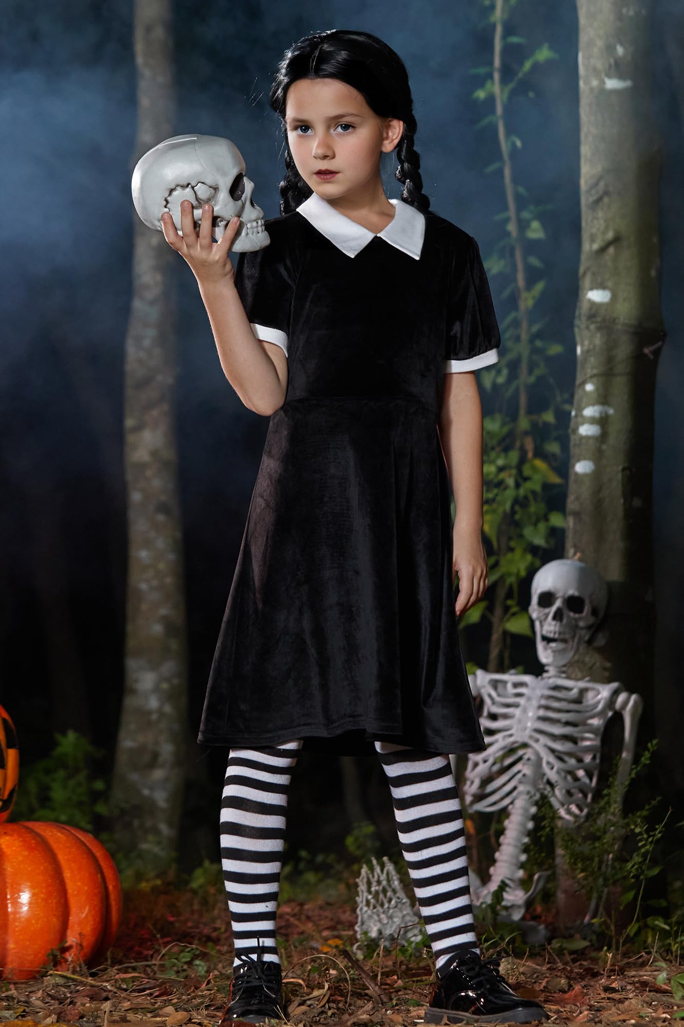 Girls Halloween Velvet Short Sleeve Peter Pan Collar A-Line Black Party Dresses 11-12 Years
