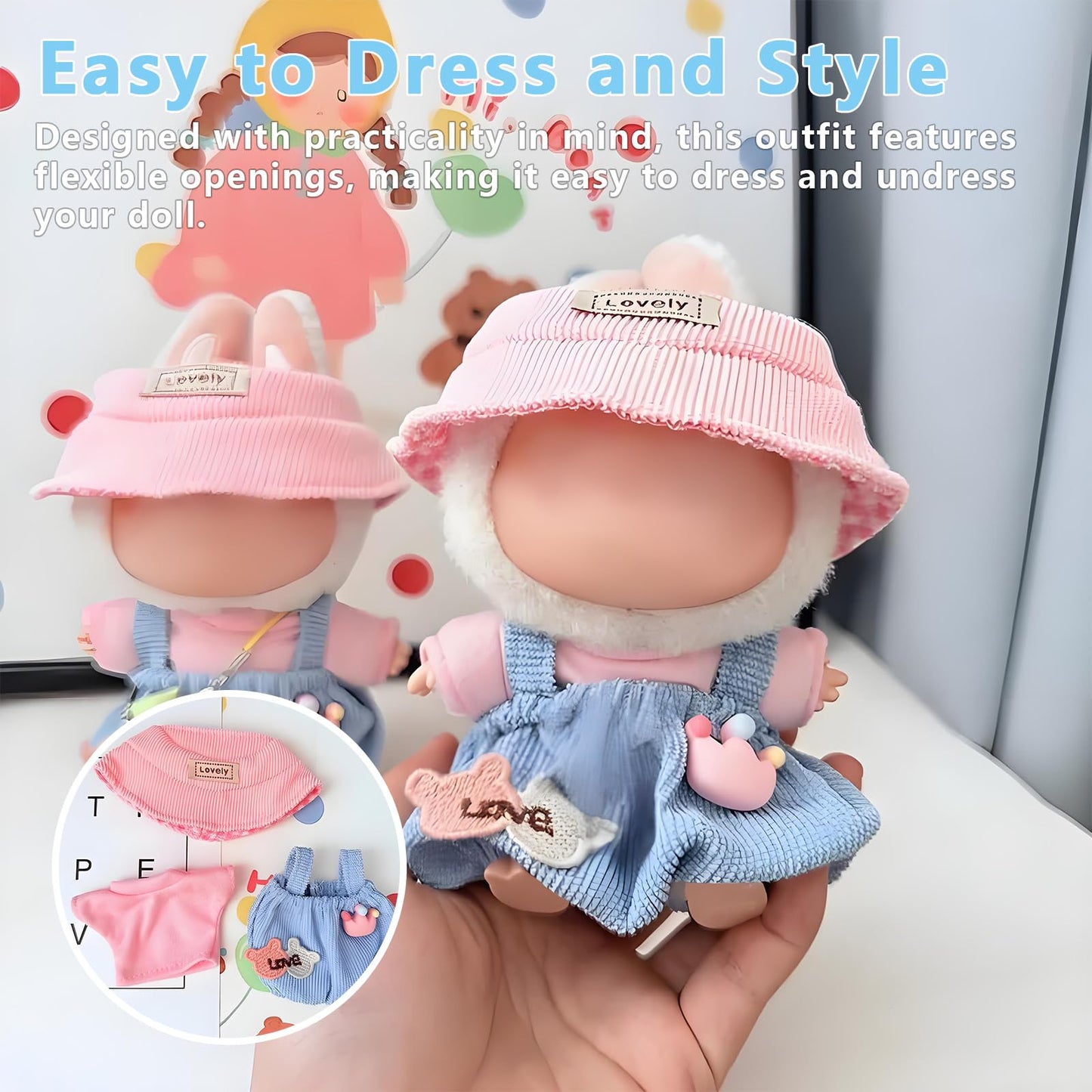 Satakara Doll Clothes Set for 17cm Dolls (6.7 inch) - Blue Overalls with Pink Top and Cap Kawaii Party Clothing Accessories(STK02)