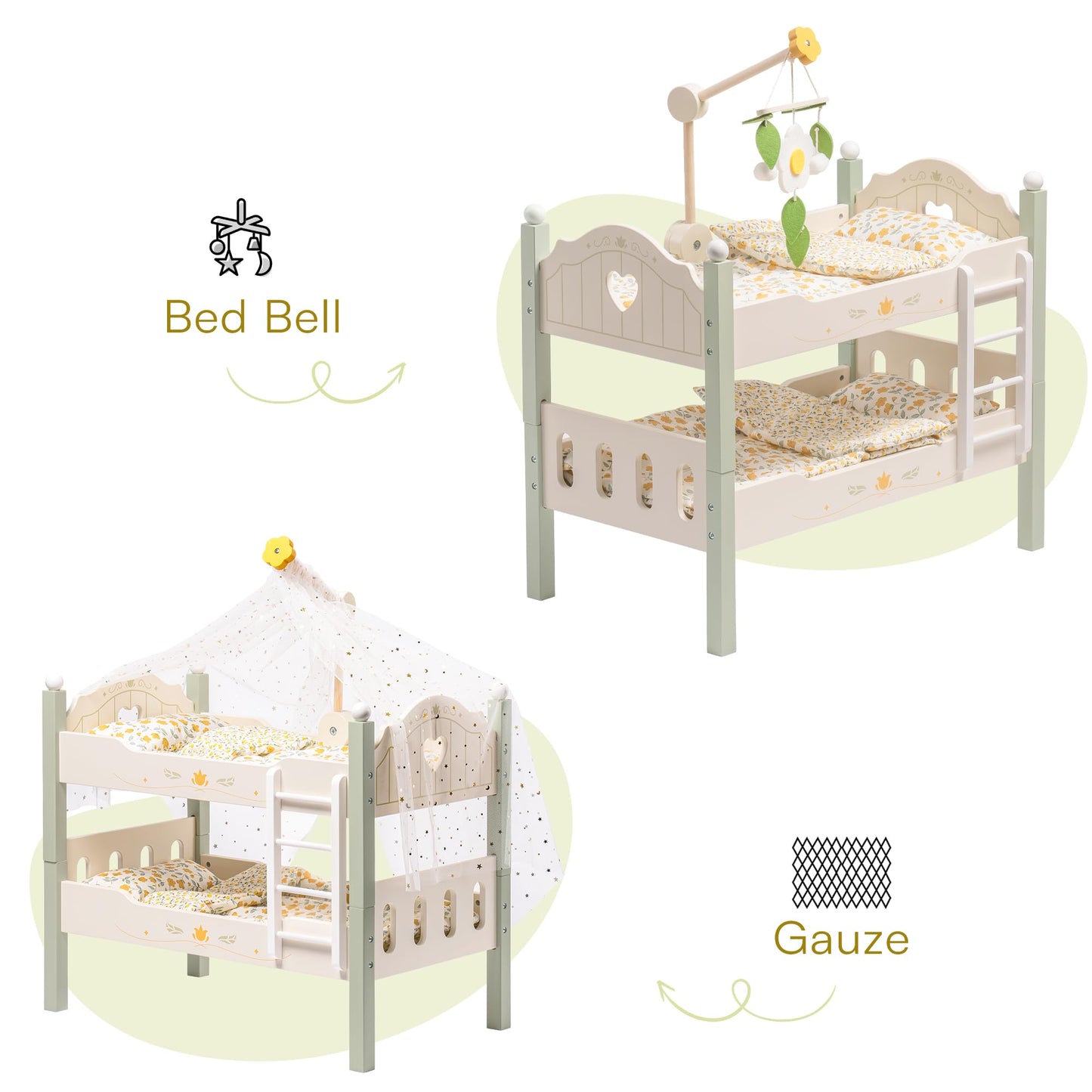 ROBOTIME Baby Doll Bunk Bed, Wooden Doll Crib for 18 Inch Dolls, American Girl Doll Furniture Toy with Bedding (Green, 2 Pcs Bed