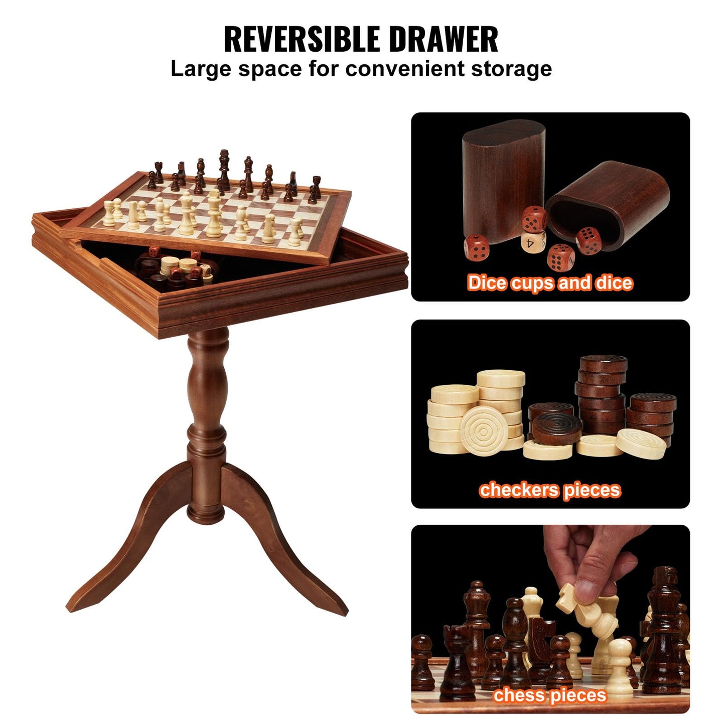 VEVOR 3-in-1 Chess Checkers Backgammon Table Set, 18" Sapele Wood, Brown, Deluxe Game Furniture