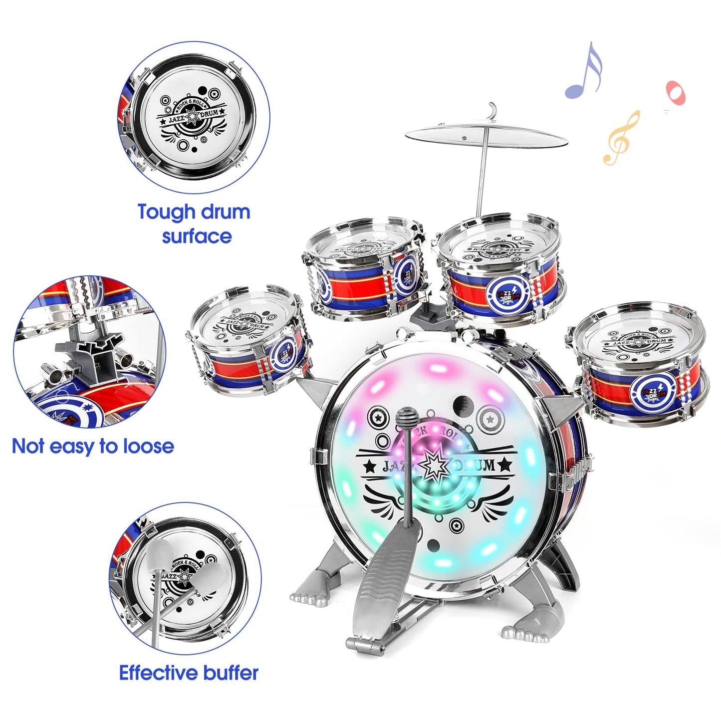 M Sanmersen Toddler Drum Kit For Ages 1-3 | 5-Piece Kids Drum Set With Stool & Cymbal | Compact Musical Instruments Toys Birthday Gift For 1- 3 Year Beginners Olds Boys Girls (Blue, With Led Light)