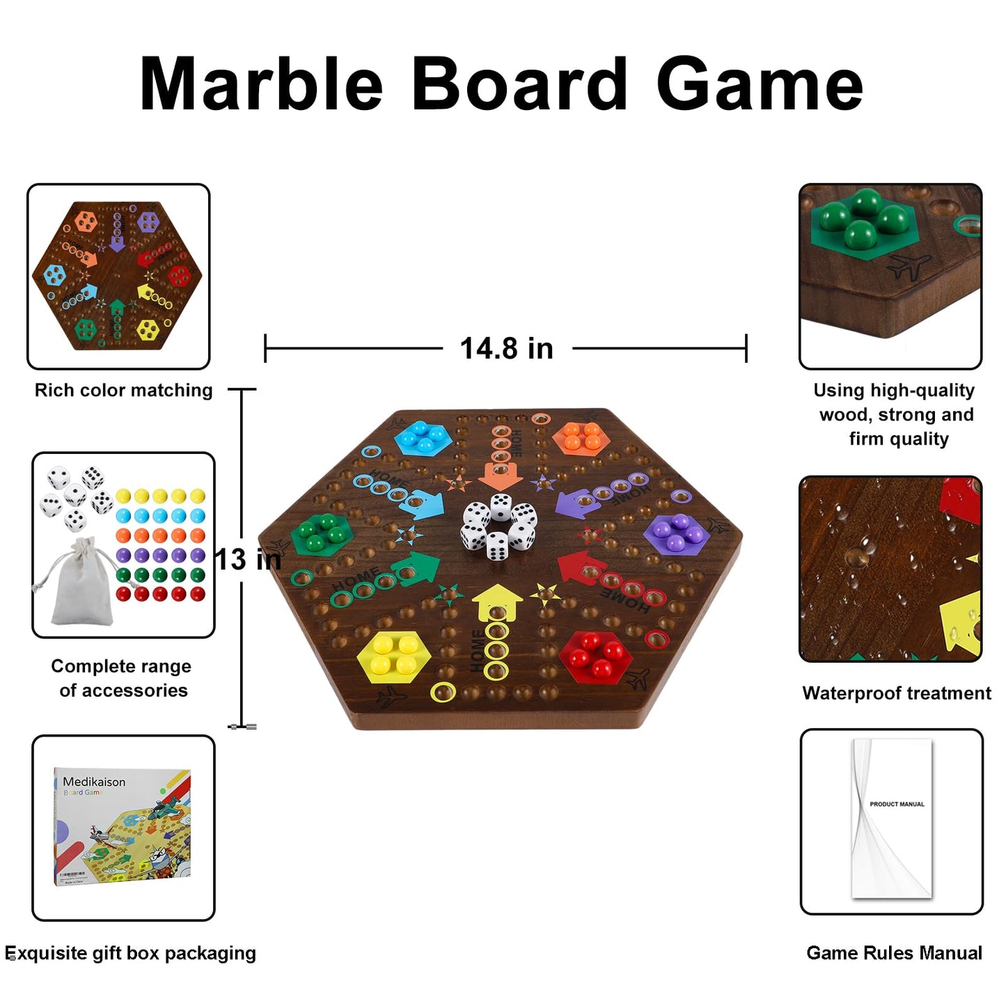 Medikaison Wahoo Marble Board Game 4 And 6 Players 2 Sided Painted Thicken Wood Aggravation Board Game For Family Friends Party