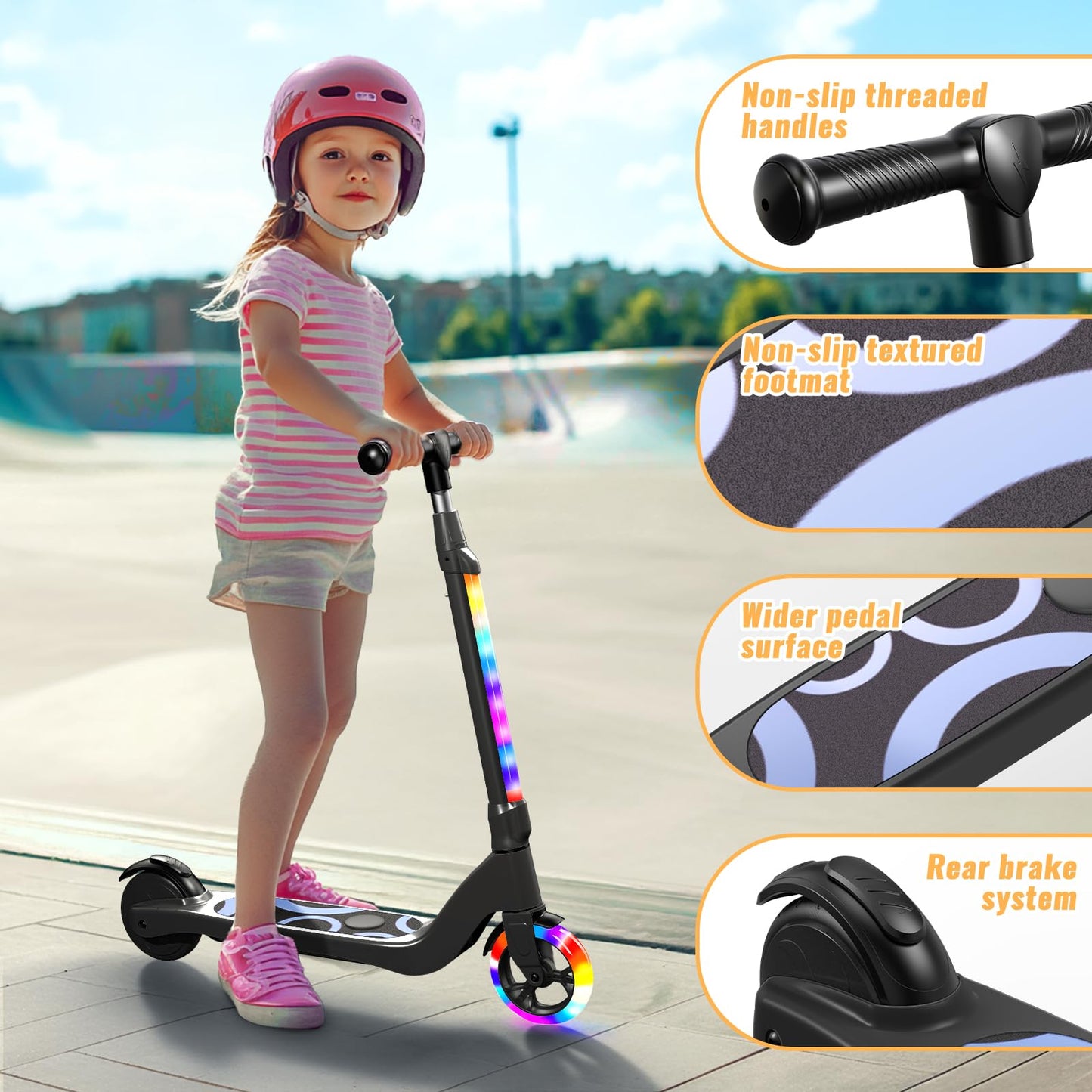 LIEAGLE Electric Scooter For Kids Age 6-12, 60W Motor, 5Miles Range, 6.2mph, 5.3'' Rubber Tires w/RGB Wheel Lights & 7-Color Hea