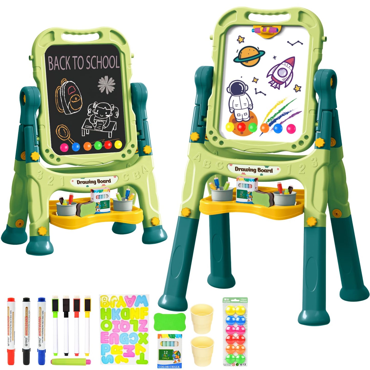 Amagoing Easel For Kids, Adjustable Standing Art Easel For Toddler, Double Magnetic Drawing Board With Painting Accessories, Bir
