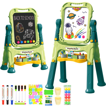 Amagoing Easel For Kids, Adjustable Standing Art Easel For Toddler, Double Magnetic Drawing Board With Painting Accessories, Bir