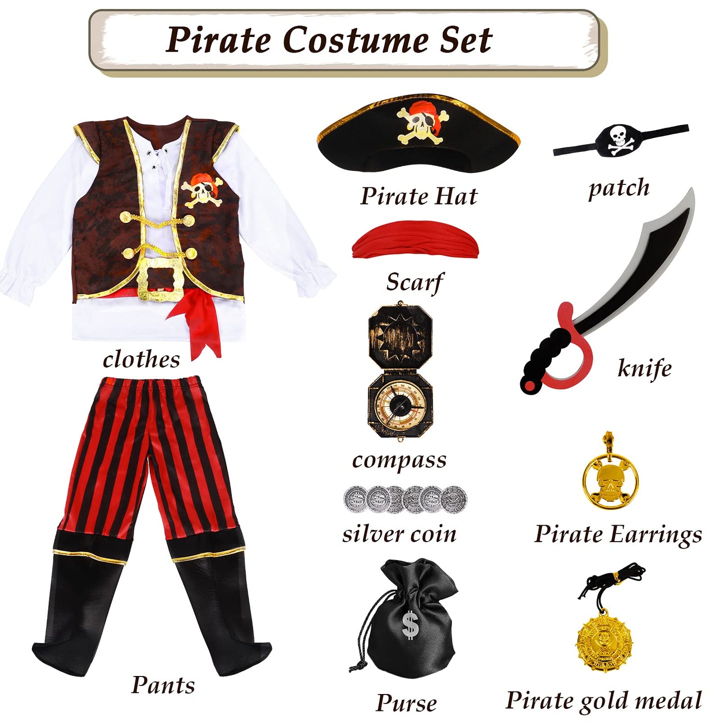 G.C Pirate Costume For Kids Pretend Role Play Dress Up Party Favors Deluxe Toys Gift Pirate Set For Children Toddler (10-12 Years)