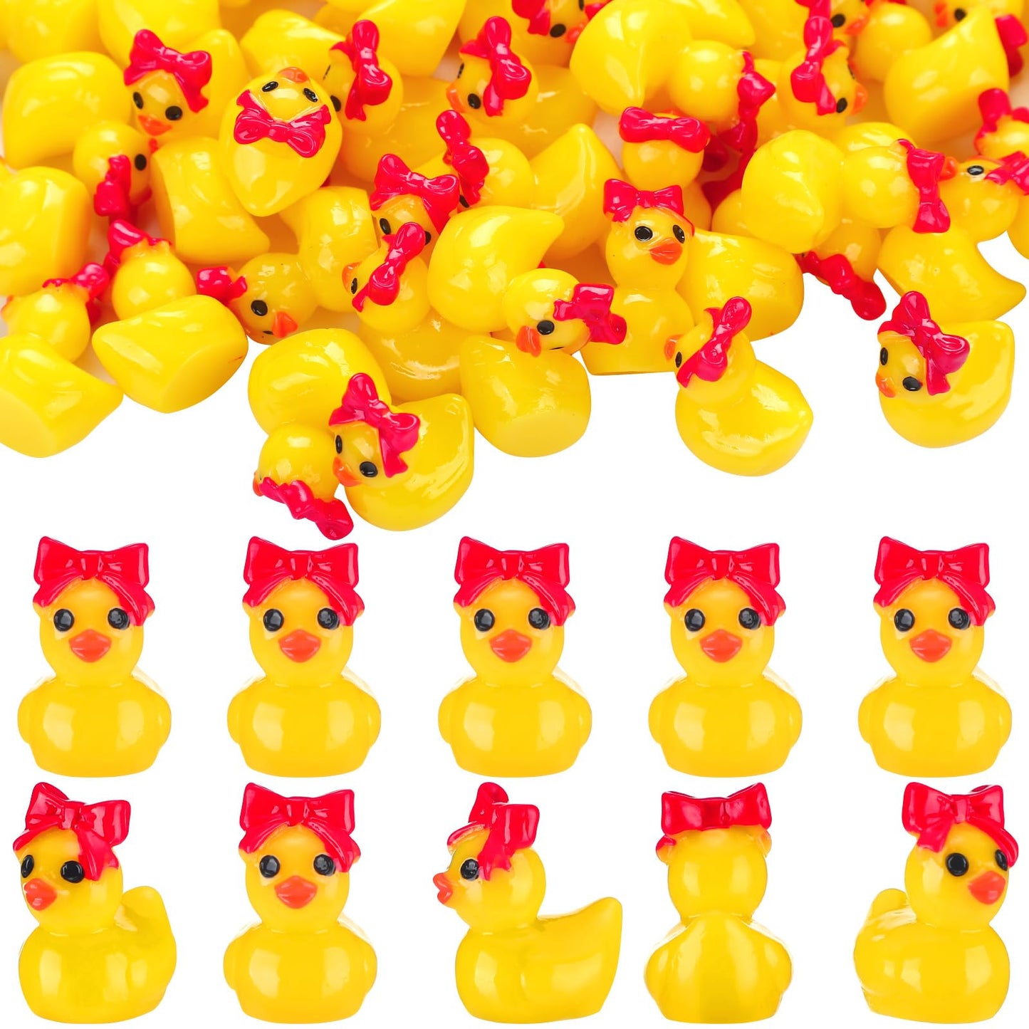 Weysat 60 Pcs Mini Cheer Resin Ducks Cheer Team Gifts Bulk Tiny Red Bow Ducks Miniature Figurine Decoration Tabletop Shelf Cente