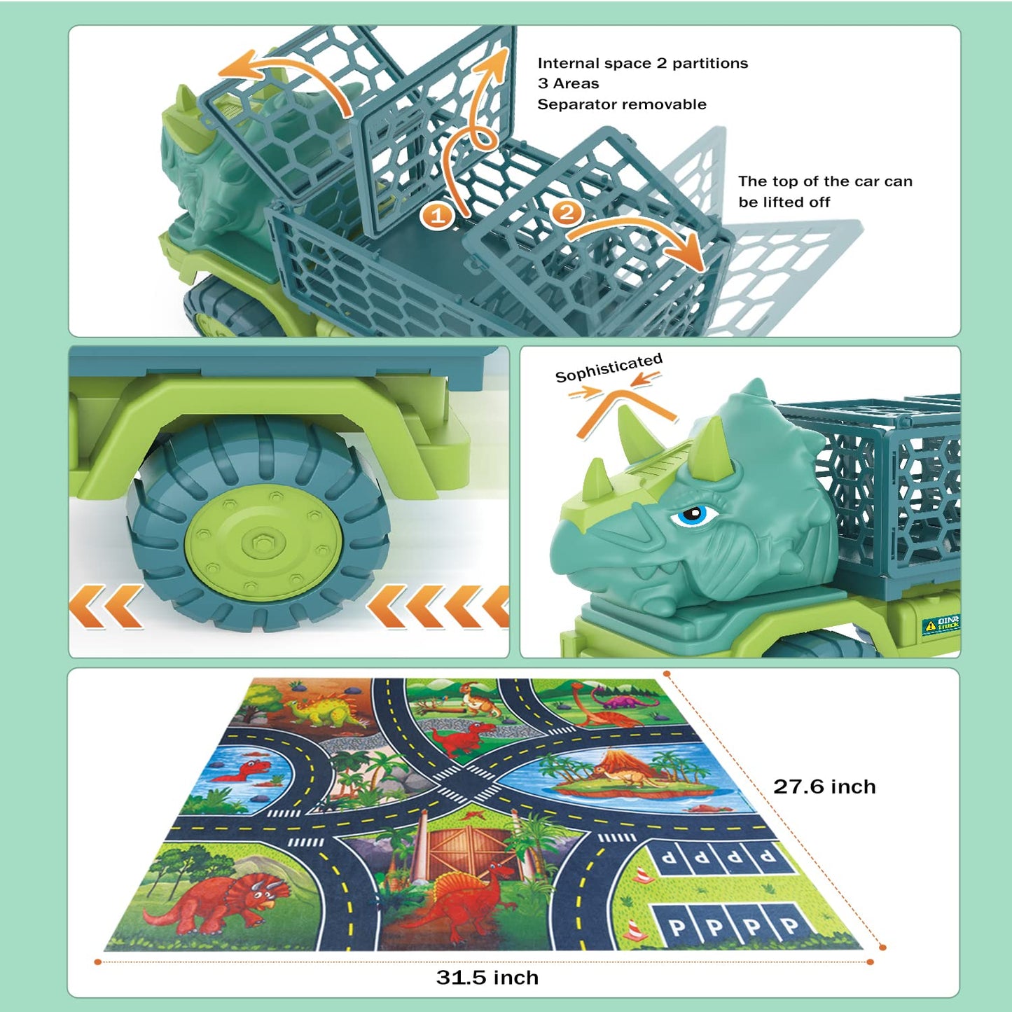 Hongid Dinosaur Truck Toys For Kids 3-5, Triceratops Car Toy With 15 Dino Figures,Large Activity Play Mat, Dinosaur Eggs, Dinosaur Play Set For Boys And Girls,Christmas Xmax,Stocking Stuffers