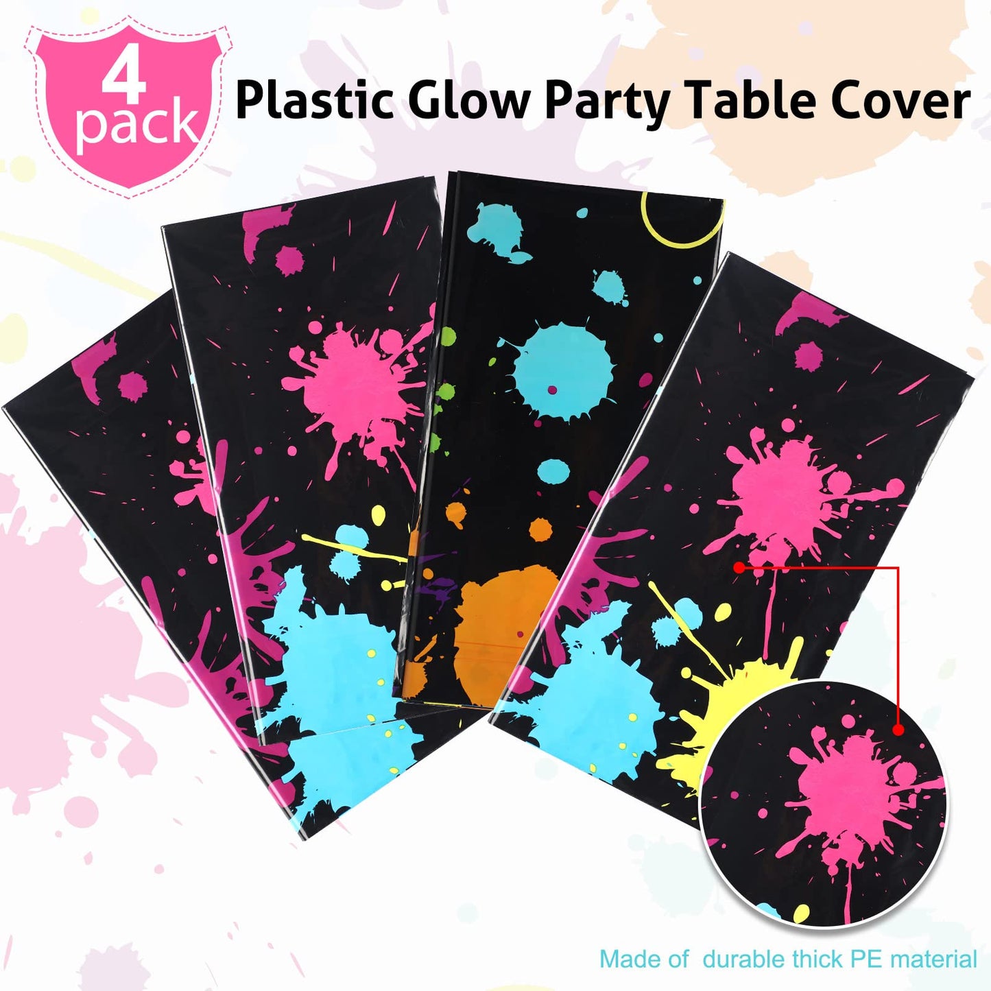 Glow Party Table Covers Neon Party Tablecloths 108 X 54 Inch Glow Party Tablecloths Disposable Plastic Neon Glow Table Cloth For Neon Birthday Party Black Light Party Supplies(4 Pieces)