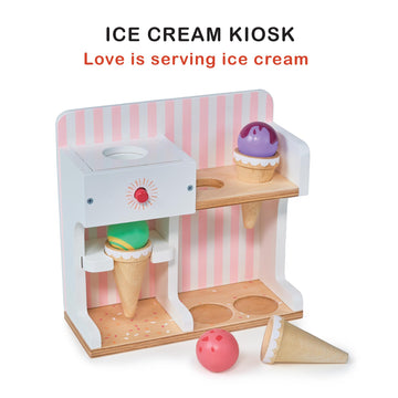 Mentari Toys - Ice Cream Kiosk - 7Pc Wooden Play Shop With Cornets & Scoops - Press & Drop Feature - Pretend Play Toy For Toddle