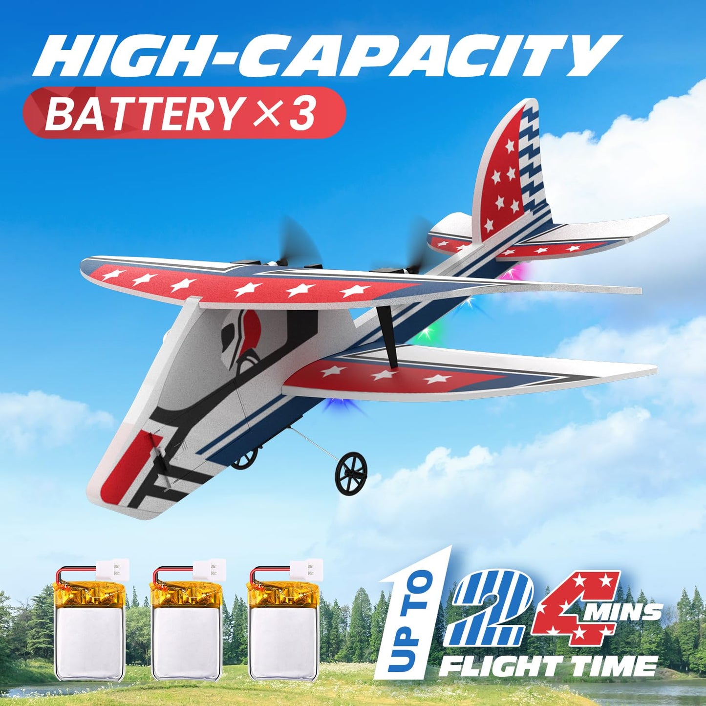 Deerc Rc Plane, 2.4Ghz Remote Control Airplane W/ 3 Batteries & 6-Axis Gyro Stabilizer, 2Ch Rtf Rc Glider Toy For Beginners Kids
