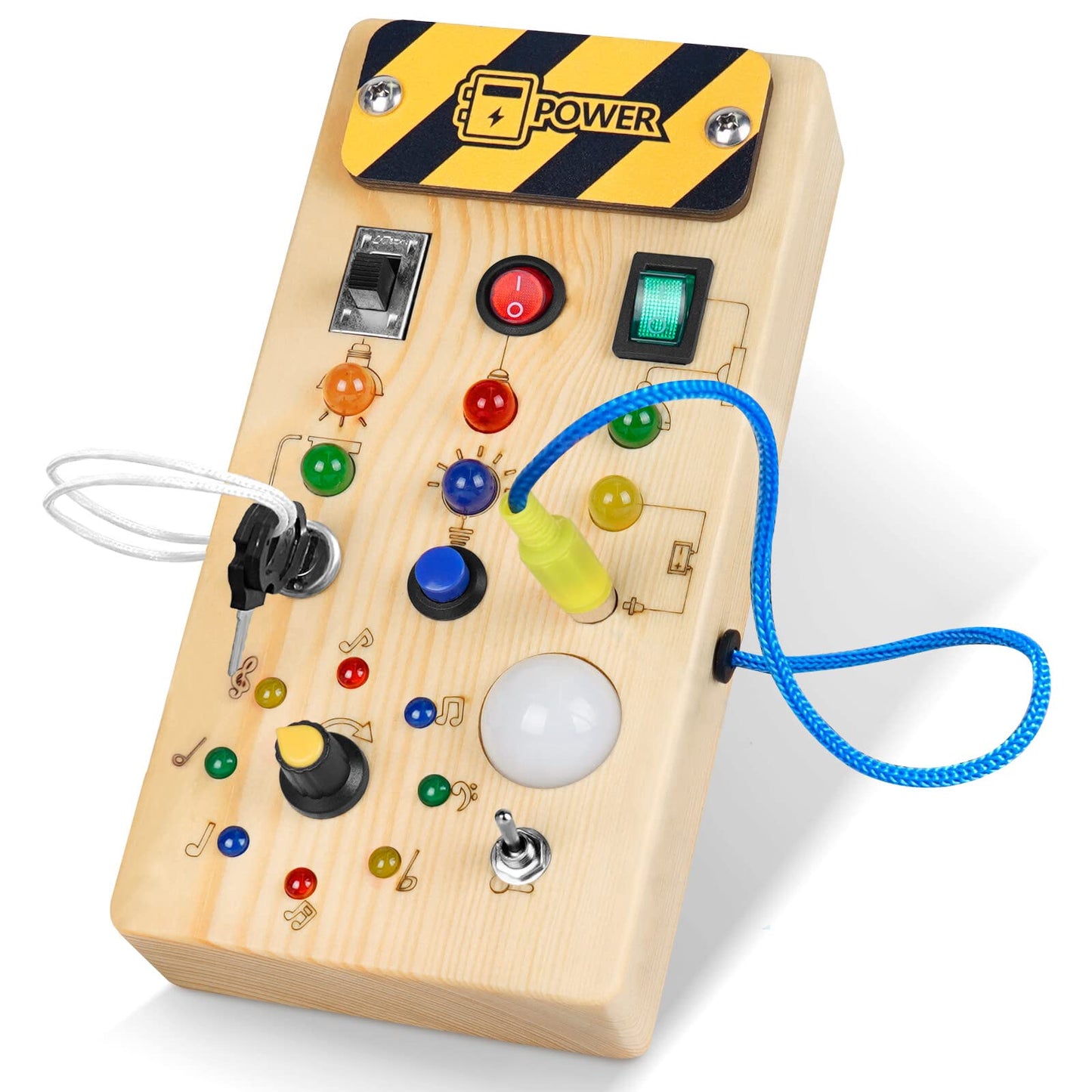 Hoarosall Montessori Wooden Busy Board - 8 LED Light Switches, Sensory Travel Toy for Babies & Toddlers, Brown, Medium Size