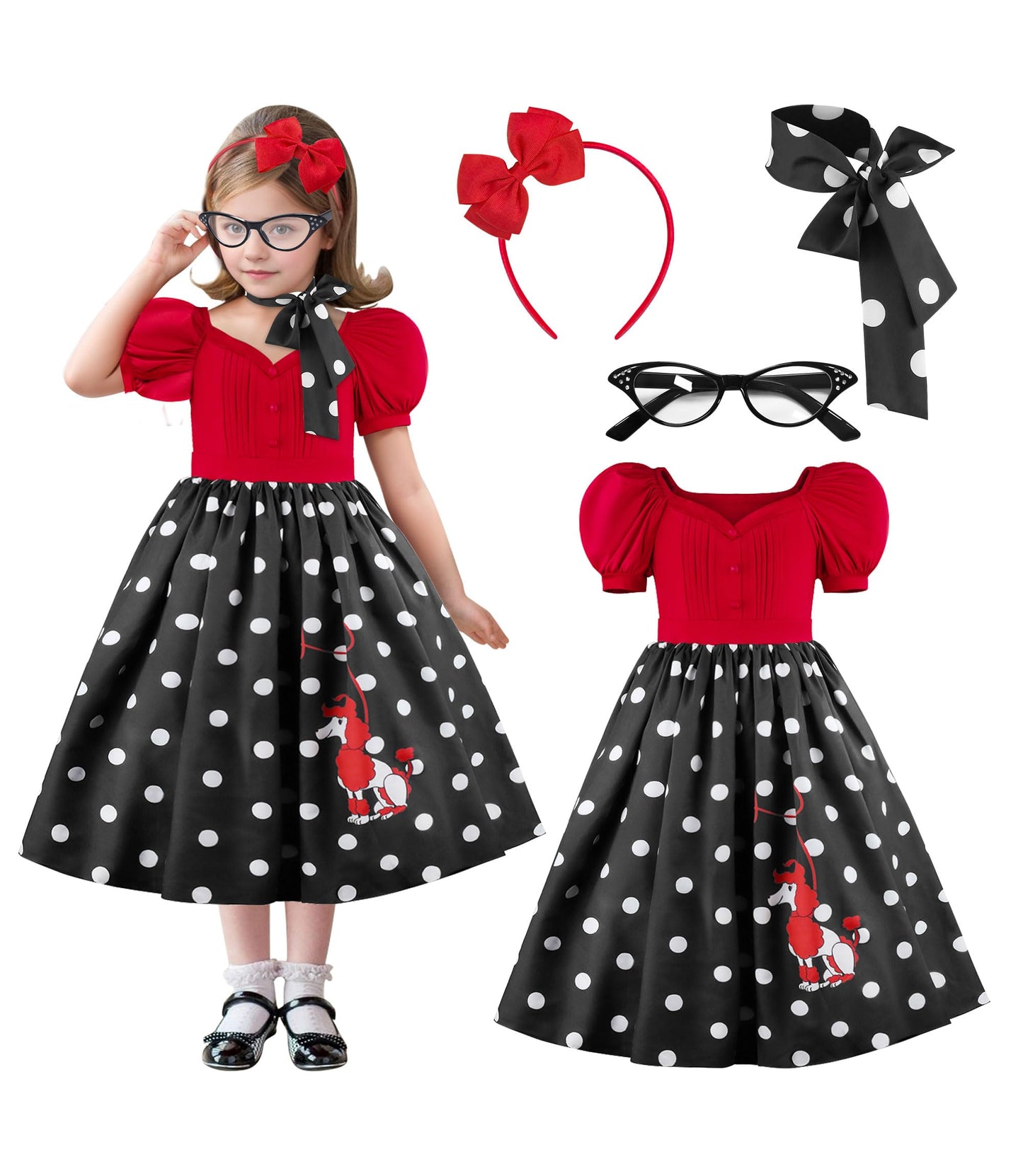 GRIVOS 1950s Polka Dot Poodle Skirt Costume Poodle Skirts For Girls 50s Outfit For Girls With Scarf Headband Glasses