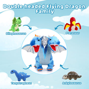 Tezituor Double Headed Dragon Stuffed Animals, 5 PCs Stuffed Dinosaur Plush Toys Set, Mommy Dragon with 4 Baby Dinosaurs Plushie