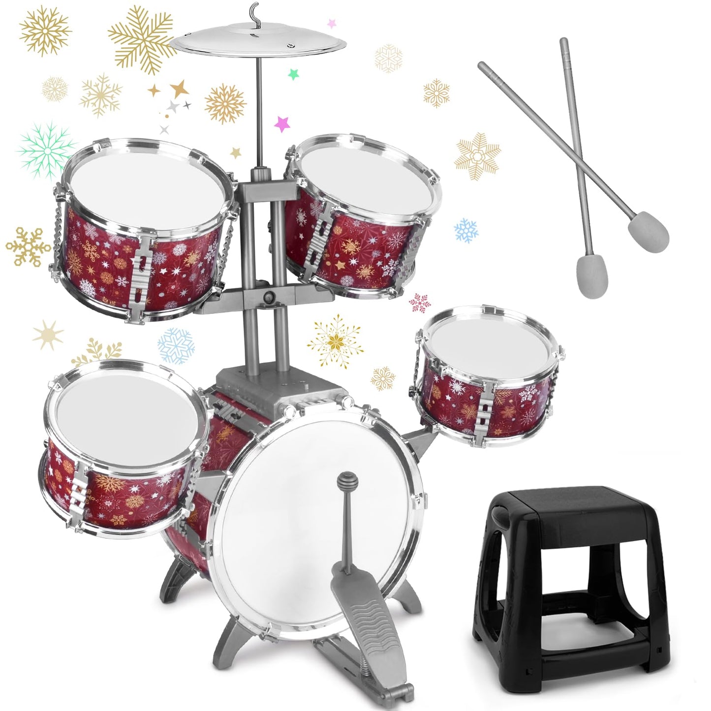Kids Drum Set For Toddlers 1-3 Musical Jazz Drum With Stool Toys For 2-5 4-6 5-7 Boys Girls Birthday, Red