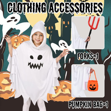 Forfamy Ghost Costume Kids Glow In The Dark Hooded Cloak White Halloween Costumes Spooky Trick Or Treating Cosplay Poncho (White