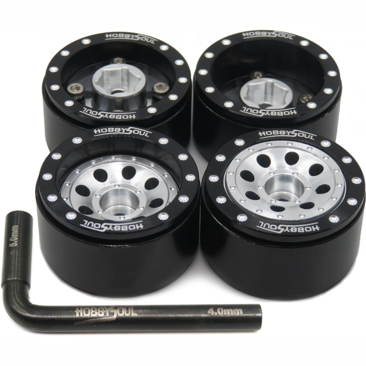 Hobbysoul Adjustable Offset 1.0 Beadlock Wheels Black Silver, Heavy 1.0 Offset Rc Rims Wheels 21G/Rim For 1/18 Traxxas Trx4M Axi