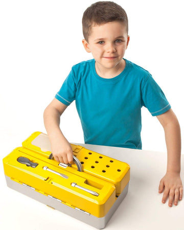 Casdon Tool Box Workbench for Kids, 2-in-1 Grey/Yellow, Includes 60+ Tools, Model 644, Ideal for DIY Roleplay Fun