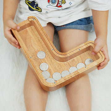 Piggy Bank For Kids Boys Girls, Large Personalized Wooden Letter Piggy Bank With Cut-Out Design, Alphabet Letter Coin Banks, Money Savings Box, Wooden Bank For Kids Creative Gift For Real-Money(L)