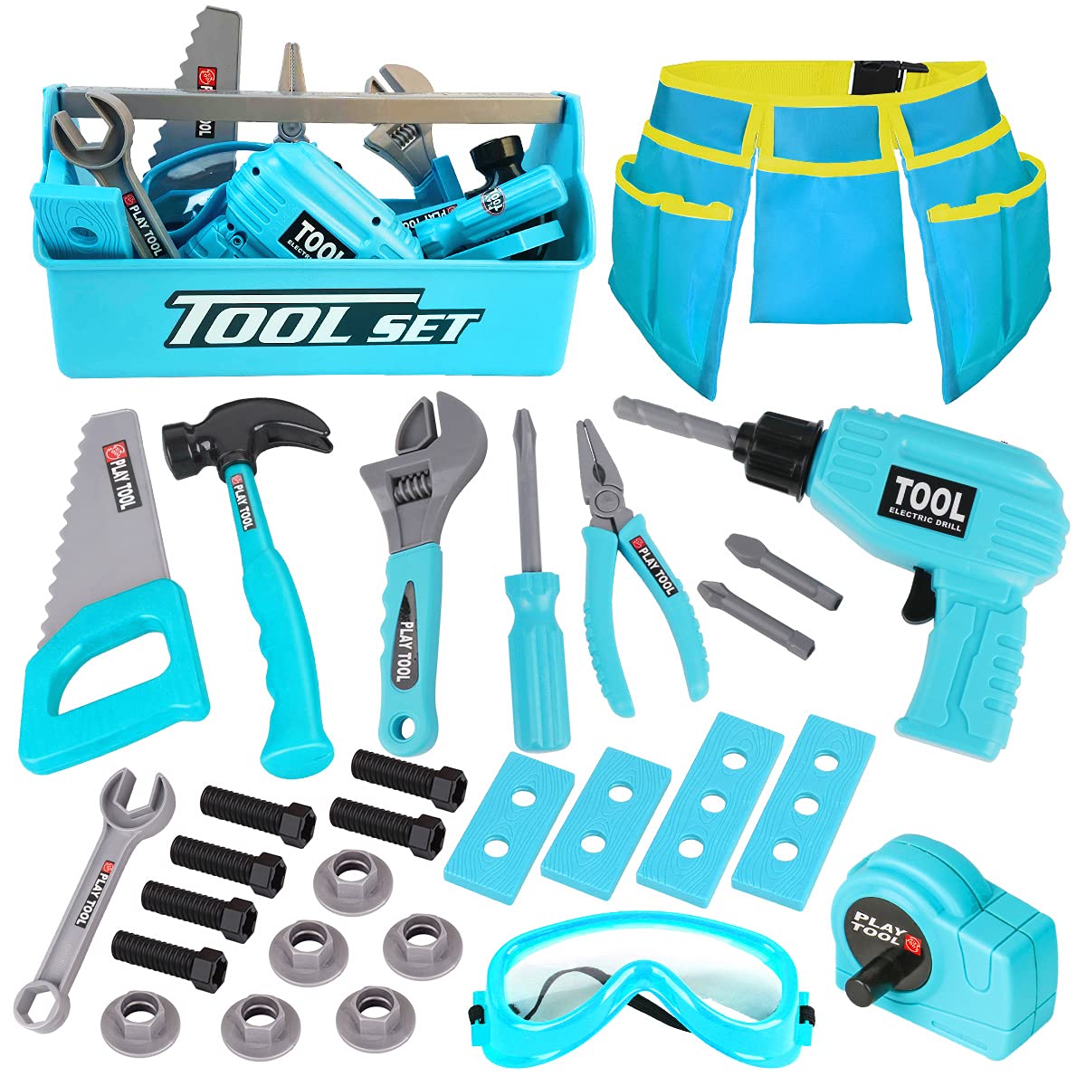 LOYO Kids Tool Set - Pretend Play Construction Toy with Tool Box Kids Tool Belt Electronic Toy Drill Construction Accessories Gi
