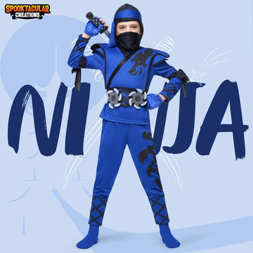 Spooktacular Creations Kids Ninja Costume Birdy Blue Ninja Costume with Accessories for Boys Halloween Dress Up Themed Parties S