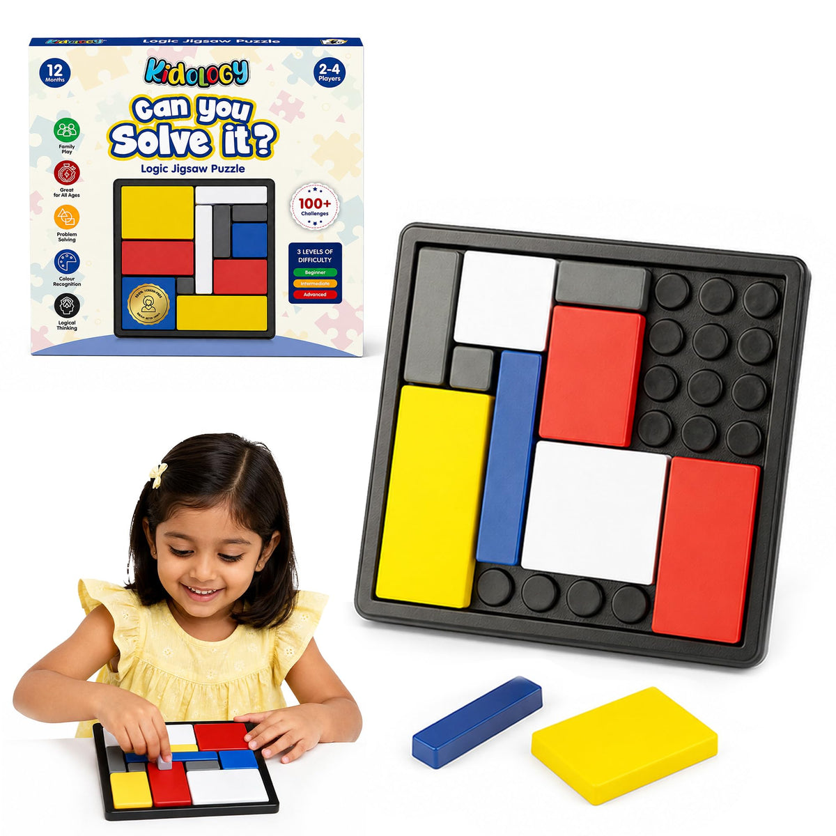 Kidology Color Block Logic Puzzle Game For Kids 3+ Years | Brain Teaser Board Game For Adults With 88 Challenge Cards | 4 Diffic