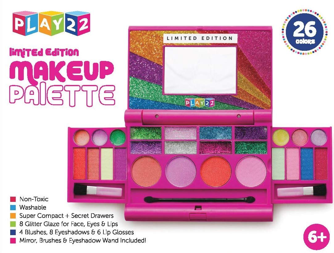 Play22 Real Washable Kids Makeup Palette For Girl - My First Princess Make Up Set Include 4 Blushes, 8 Eyeshadows, 6 Lip Glosses