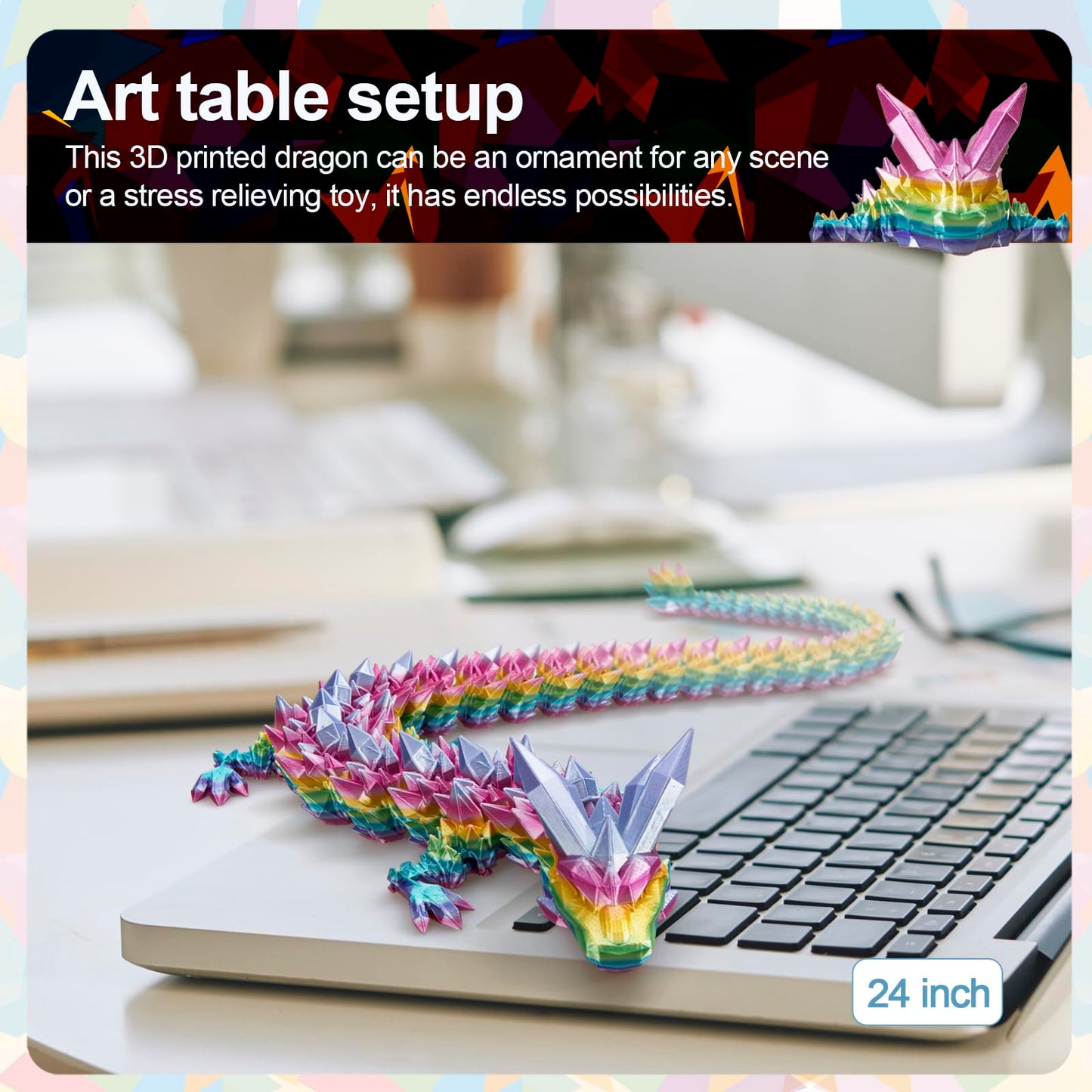 Rwsefk 24 In 3D Printed Dragon, 24Inch Dragon,3D Dragon Toy,Large Dragon Present,Ariculated Crystal Dragon(Rainbow)