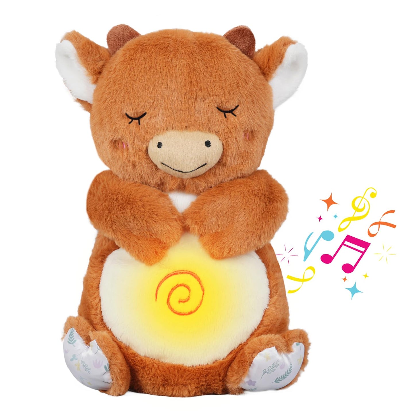 Breathing Stuffed Animal, Cow Plush, Sleeping Plush For Kids Toy Birthday Gift With Sensory Details Musical Lights And Rhythmic