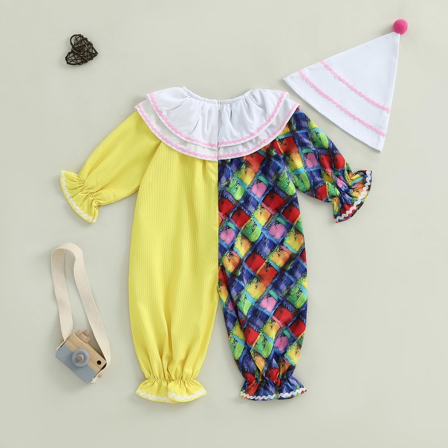 Aiwpstoin Toddler Baby Clown Costume Boy Girl Funny Halloween Outfit Contrast Color Long Sleeve Jumpsuit with Hat (Yellow, 18-24