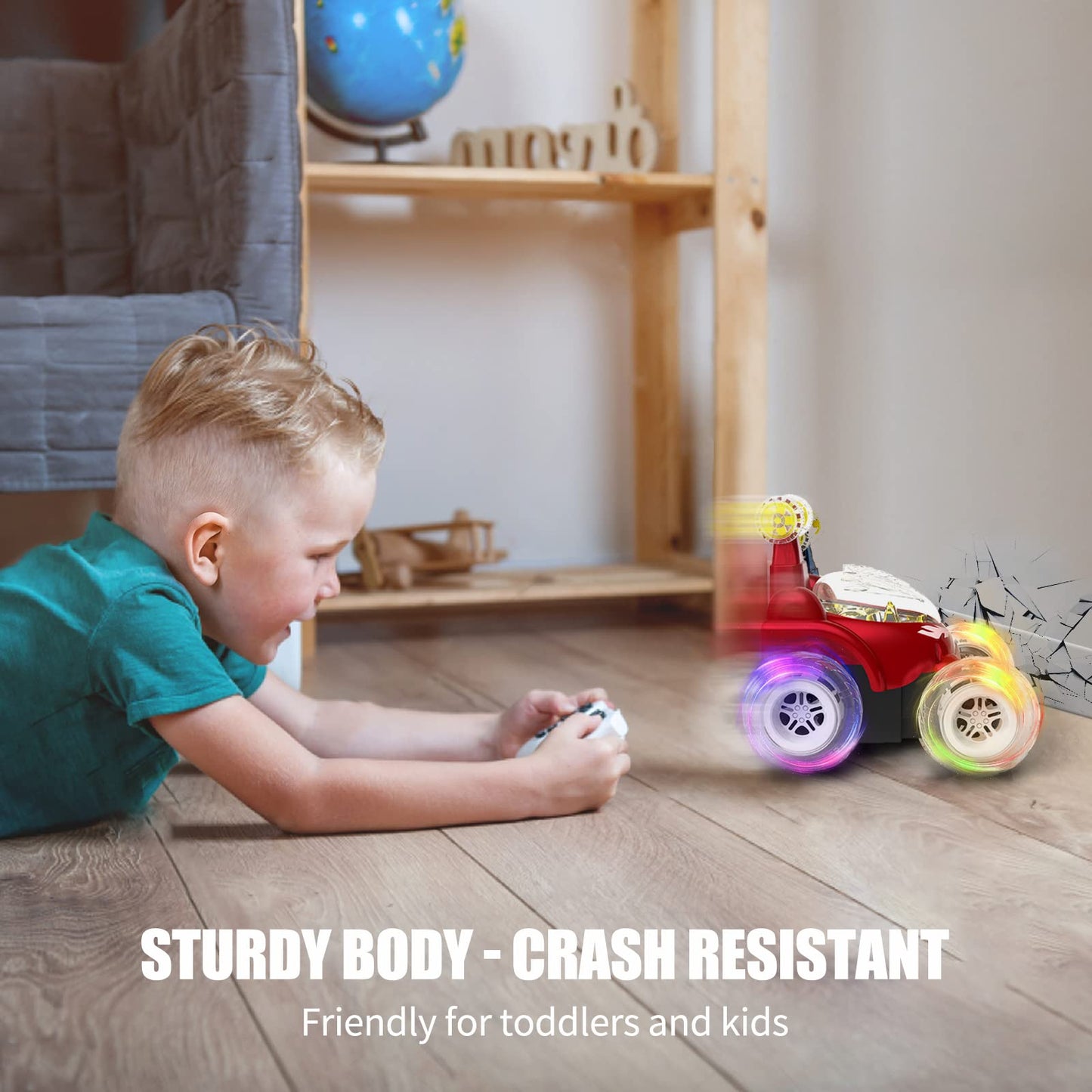Kizeefun RC Stunt Car, Invincible 360Rolling Twister with Colorful Lights & Music, Rechargeable Remote Control Car for Kids (Red