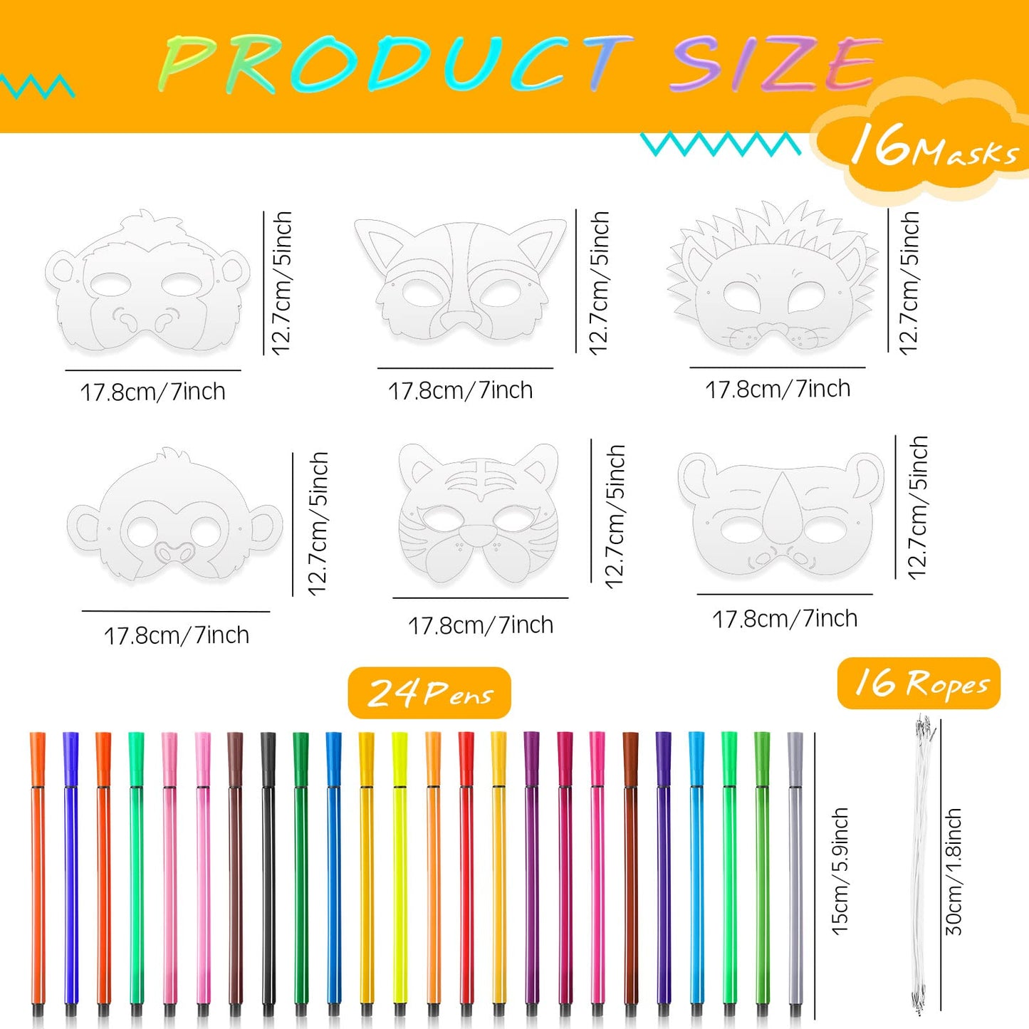 Lenwen 16 Set Animal Coloring Masks with 24 Pcs Watercolor Pen DIY Safari Animal Mask Blank Jungle Animal Unpainted Mask for Kid