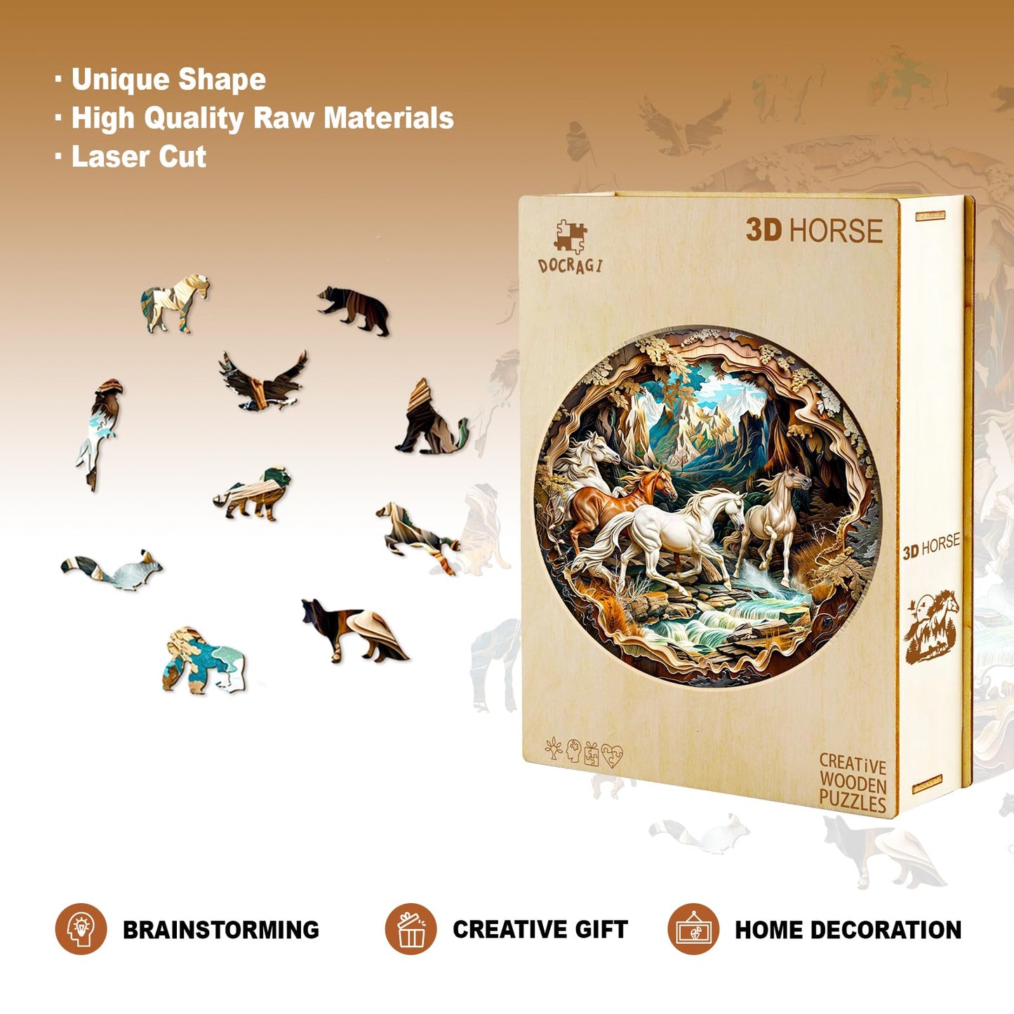 Wooden Puzzles for mature-themeds - 3D Vision Effects Horse Wooden Jigsaw Puzzle - Unique Animal Shaped Wood Puzzles mature-themed - Creative Birthday Gift Family Game (200pcs)