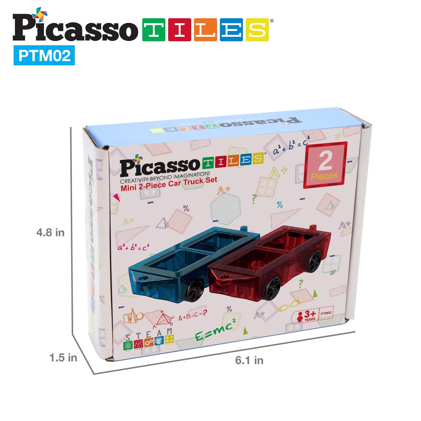 Picassotiles 2Pcs Mini Magnetic Tiles Expansion Car Truck Construction Set, Kids Building Magnet Bricks Stem & Learning Toys, Ma