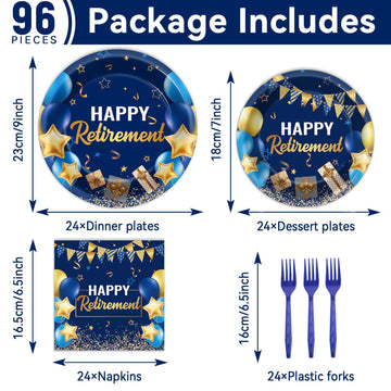 Gisgfim 96 Pcs Retirement Party Supplies Paper Plates Napkins Blue Gold Happy Retirement Party Tableware Decorations Favors For
