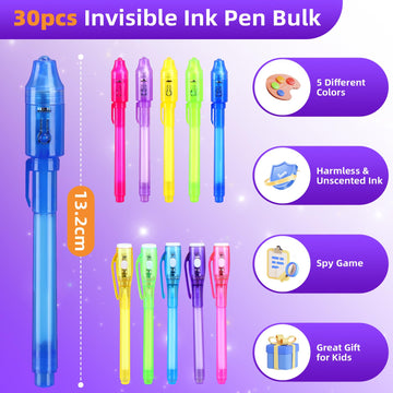 30Pcs Invisible Ink Pen, Spy Invisible Ink Pen With Uv Light, For Kids Halloween Party Favor, Christmas Gift Funny Pens For Chil