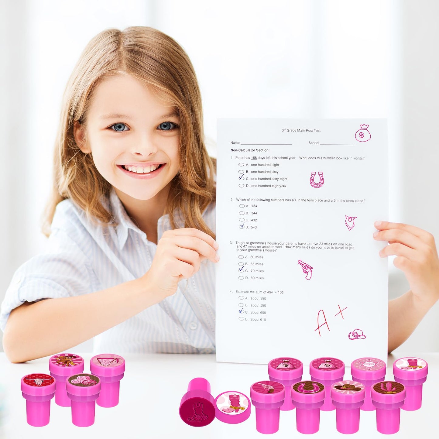 Cinrobiye 24 PCS Pink Western Cowgirl Party Stampers - Wild West Birthday Favors for Girls, Barn & Wooden House Party Supplies,