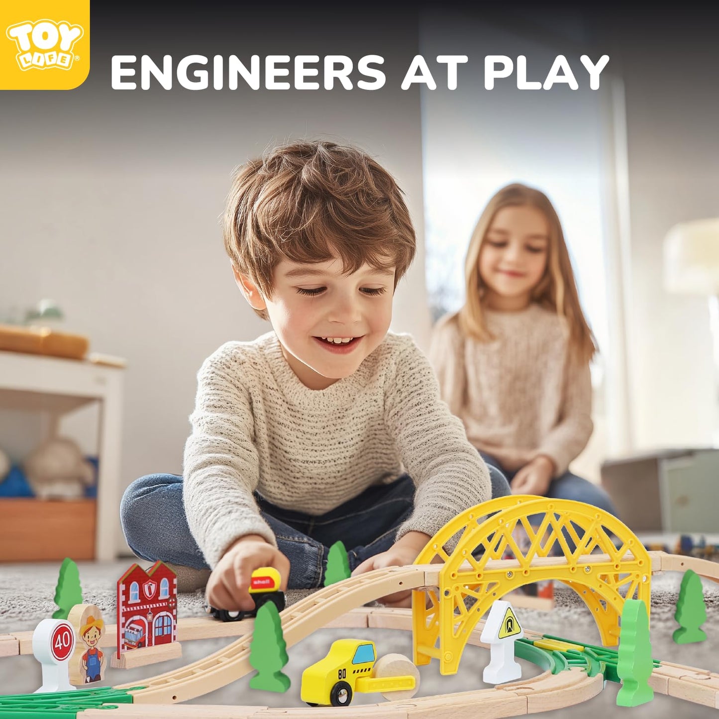 Toy Life Train Set 60Pcs Wooden Train Set With Crane, Wooden Train Tracks Toy Train Set For Toddlers 2-4 3-5, Kids Toys For 3 Year Old Boys - Fits Thomas Brio Melisa Chugginton Train Track Set