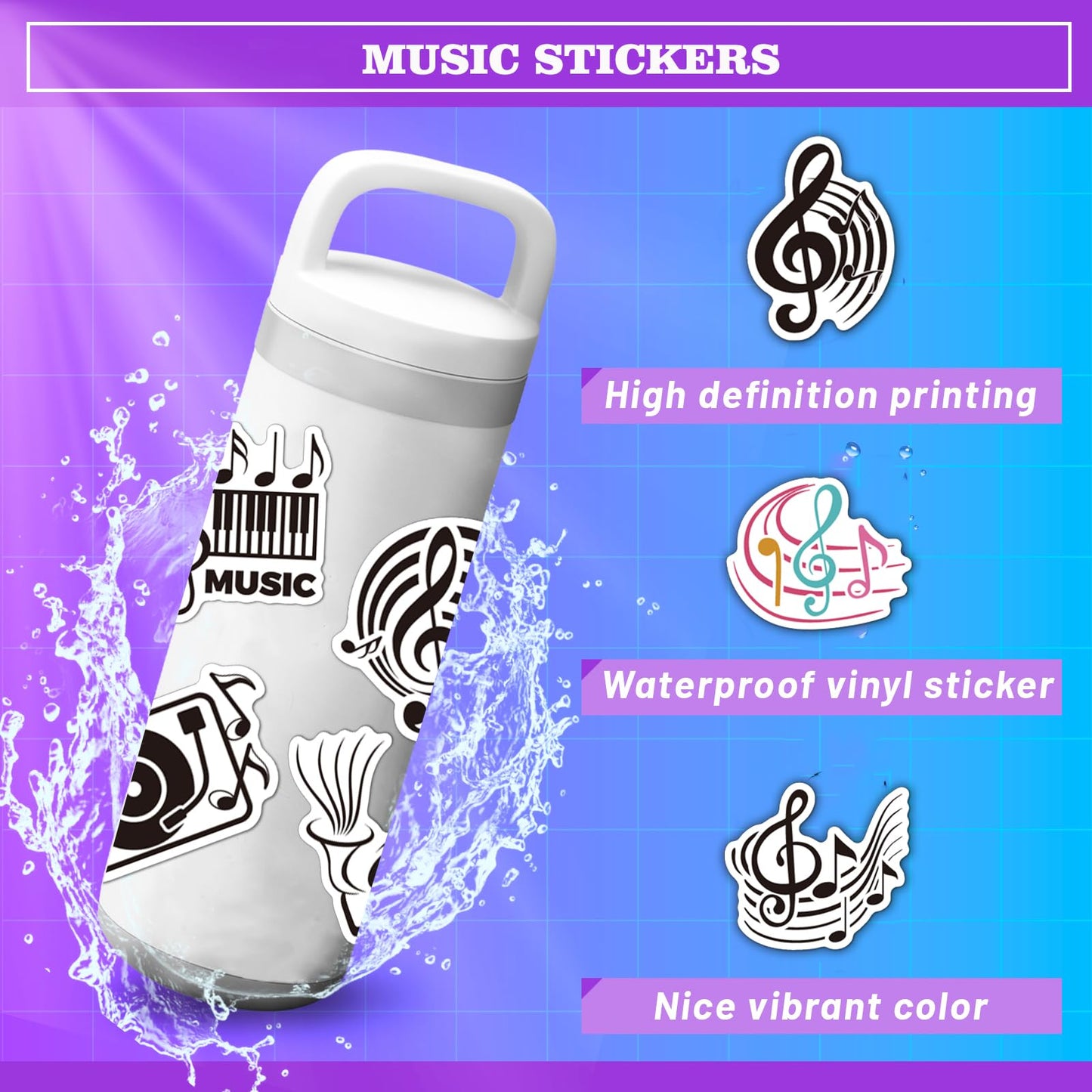 50Pcs Music Stickers For Water Bottles Vinyl Musical Note Stickers For Kids Waterproof Music Stickers For Laptop Guitar Hydrofla