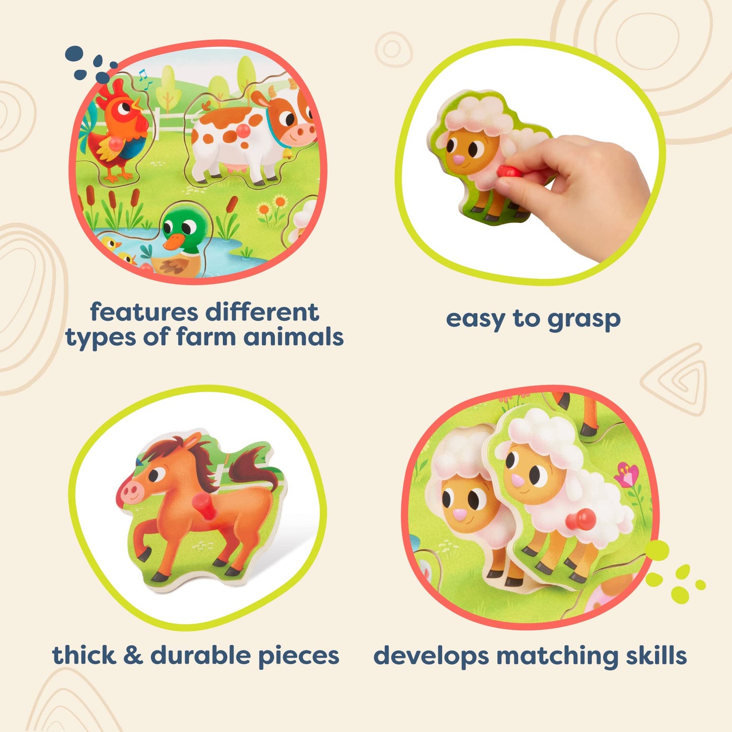 B. Toys- Peek & Explore - Farm Animals- Wooden Peg Puzzle – Farm Puzzle For Toddlers, Kids – 8 Farm Animal Pieces – Cow, Horse, Sheep & More – 2 Years +