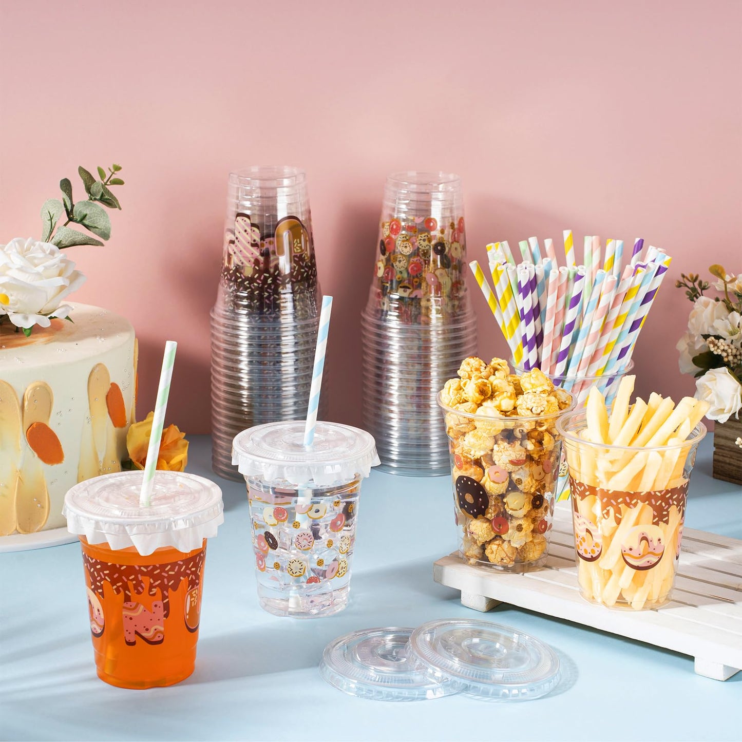 Foldtier 50 Pcs Donut Birthday Party Plastic Cup 12 Oz Cold Drinks Cups Doughnut Thick Clear Cup Disposable Cups With Lids For I