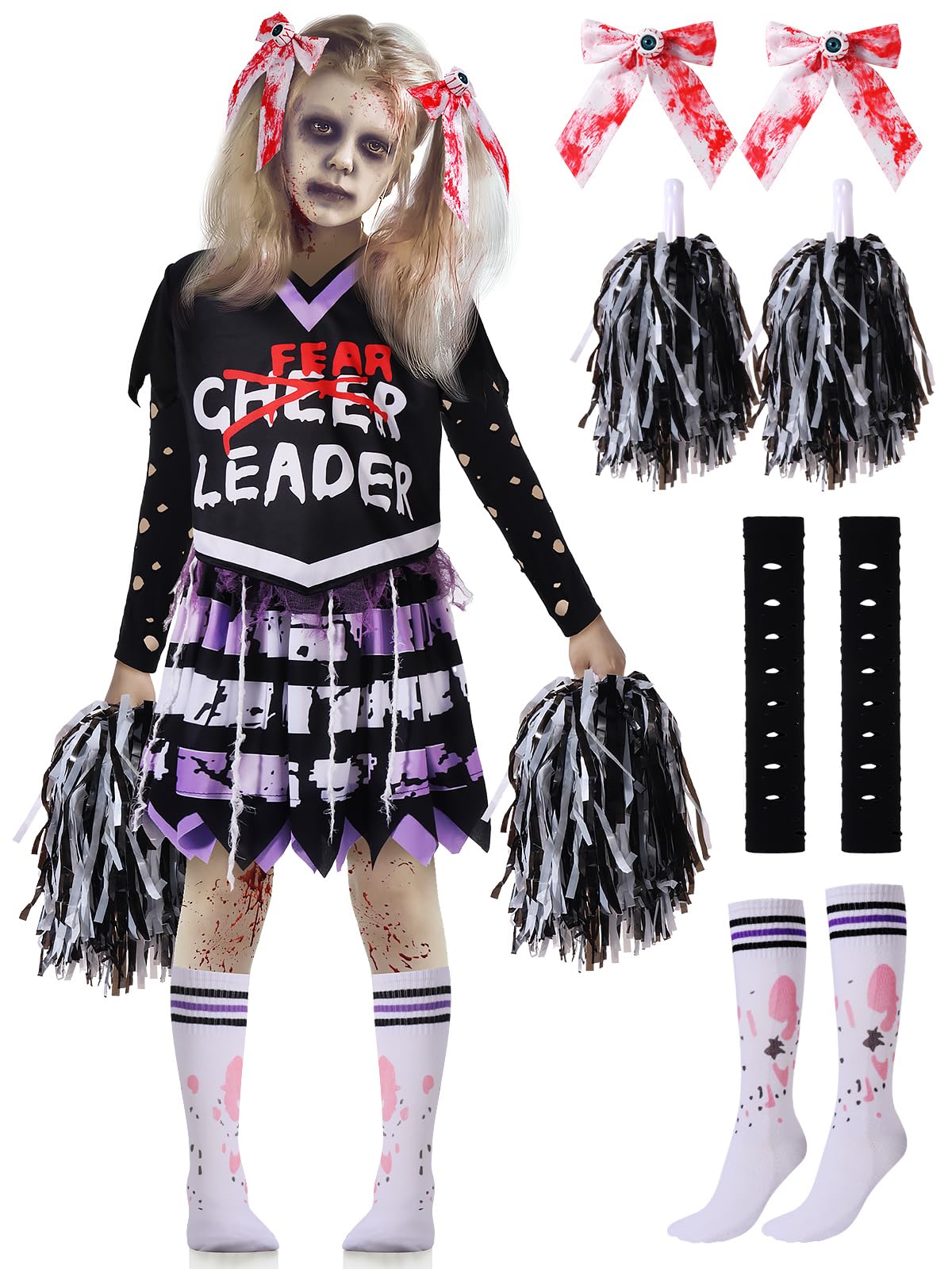Zombie Cheerleader Halloween Costume For Girls, Bloody Scary Dead Cheerleader Costumes For Make Up Party For Kids Age 8-10, Disf