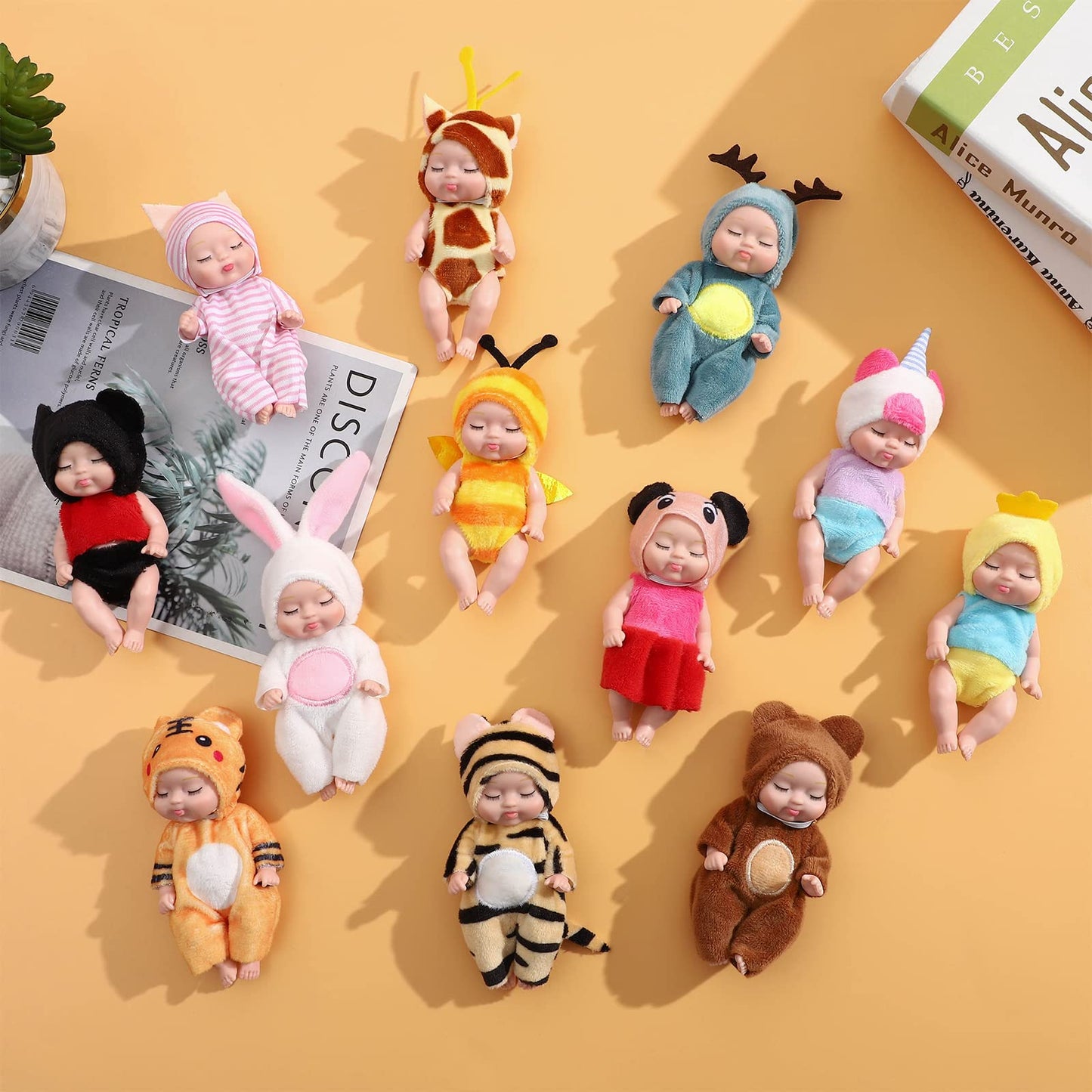 Onest 12 Sets 4 Inch Dolls Cute Baby Dolls Include 12 Pieces Baby Mini Dolls Mini Baby Sleeping Dolls, 12 Sets Handmade Animal Doll Clothes