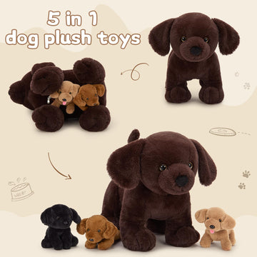 BENINY 4Pcs Lab Stuffed Animals - 16 Huggable Chocolate Mama Labrador Dog with 3 Hidden Puppies (Black/Yellow/Dark Brown) - Plush Toys Gifts for Kids
